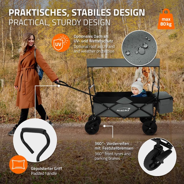 Hauki Bollerwagen L faltbar mit Dach, Grau, Handwagen klappbar, Transportwagen für Kinder, Gerätewagen inkl. 2x Netztaschen und 1x Außentasche, Vorderrad-Bremse, bis 80 kg, Transportkarre Kinderwagen