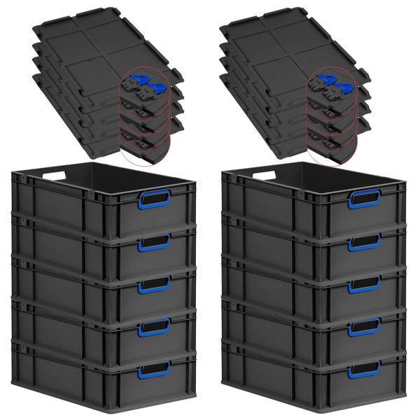 PROREGAL SuperSparSet 10x Eurobox NextGen Color mit Scharnierdeckel und Schiebeschnappverschlüssen, HxBxT 17x40x60cm, 34 Liter, Schwarz, Griffe blau offen, Eurobehälter, Transportbox, Transportbehälter, Stapelbehälter