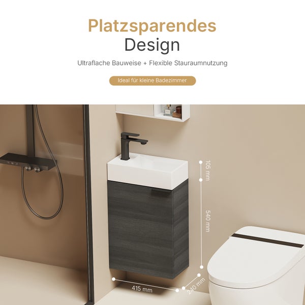 EMKE Waschbecken mit Unterschrank 417×240×646 mm, Waschtisch-Set mit Soft-Close, Türgriff, 2-fach verstellbarem Einlegeboden, Wandmontage, beidseitig montierbar,  Anthrazit