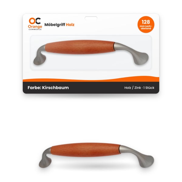 Orange Commerce Möbelgriff aus Holz und Zink mit 128 Millimeter Lochabstand, Kirschbaum Optik, 1 Stück