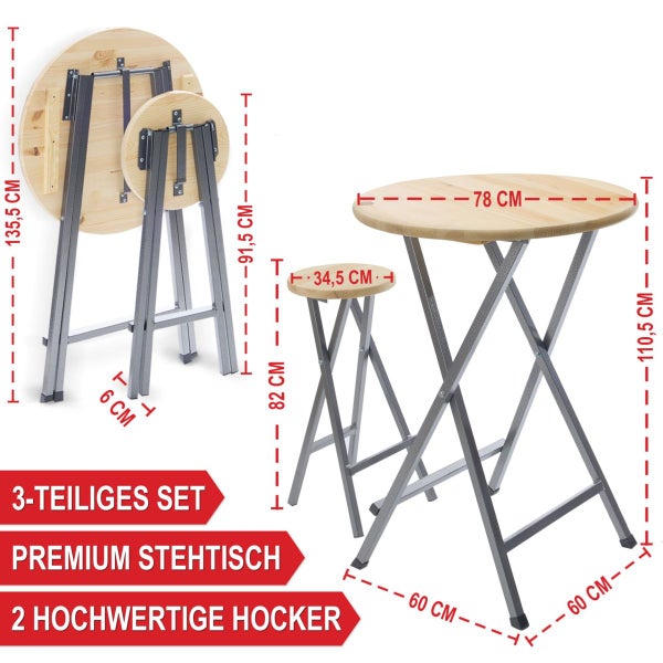 Klappbarer Stehtisch mit runder Holzplatte und Metallgestell, klappbar für einfachen Transport und platzsparende Lagerung.