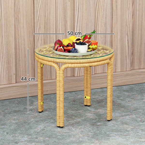 Beistelltisch aus Rattan mit Glasplatte, Höhe 44 cm, Durchmesser 50 cm