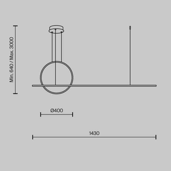 Technische Zeichnung einer Hängeleuchte mit den Maßen minimal 640, maximal 3000, Durchmesser 400 und Breite 1430.