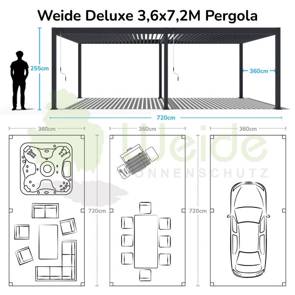 Weide Deluxe Pergola 3,6 x 7,2 M - Freistehend, Voll-Aluminium, Lamellendach, Weiß