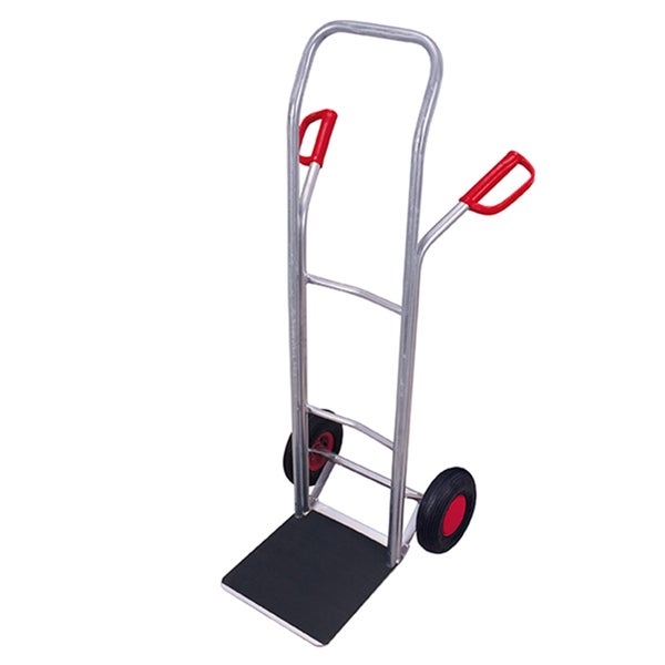 Sackkarre aus Metall mit schwarzer Ladefläche, zwei roten Sicherheitsgriffen und schwarzen Rädern.