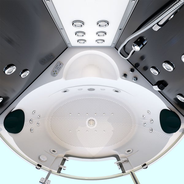 Geräumiges, modernes Badezimmer mit einer weißen Whirlpool-Badewanne inklusive Dampfduschkabine, Glastüren, Massagedüsen und integrierter Beleuchtung.