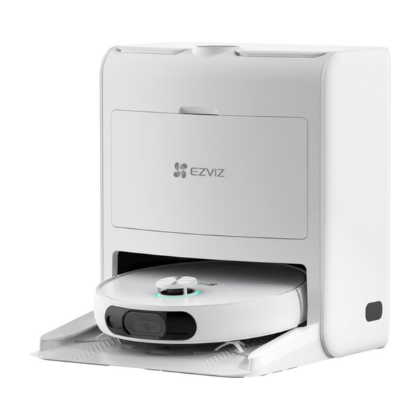 EZVIZ Saugroboter mit weißer Absaugstation und integrierter Ladestation.