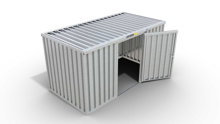 Lagercontainer Gerätehaus M  – 6 qm, H2115 x B3050 x T2170 mm, verzinkt, ohne Fußboden, 1270 mm Einflügeltür mittig in Breitseite, zerlegt