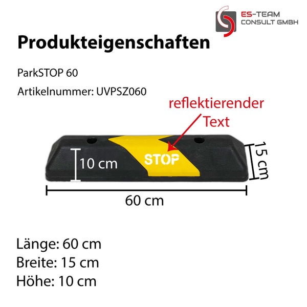 UvV PARKSTOP -Radstopper Fahrzeugstopper Parkplatzbegrenzer + STOP reflektierend / 1.100 mm schwarz