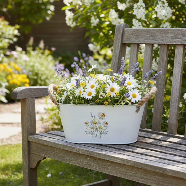 Weißer Metall-Blumentopf mit Blumendekor und Seilgriffen, bepflanzt mit Gänseblümchen und Lavendel, auf einer hölzernen Gartenbank.