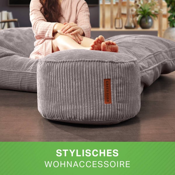 Green Bean Pouf-Kissen 45x25cm mit EPS-Perlen Füllung & Cordstoff Bodenkissen Liegekissen Sitzkissen Sitzhocker Sessel Kinder Erwachsene Stoff Hocker Ablage Grau