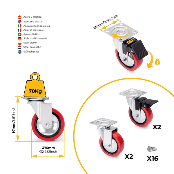 Möbelrollen-Set aus Stahl und Kunststoff, rot, 75 Millimeter Durchmesser, Tragkraft 70 Kilogramm, 2 Lenkrollen, 2 Bremsrollen, 16 Schrauben.