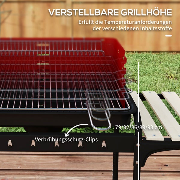Outsunny Holzkohlegrill aus Metall BBQ Smoker mit Räder, höheverstellbar Grillrost, Holzablage, fahrbar Grillwagen Holzkohle Grill, Kohlegrill für Barbeque Camping, Terrasse, 103x47x95 cm