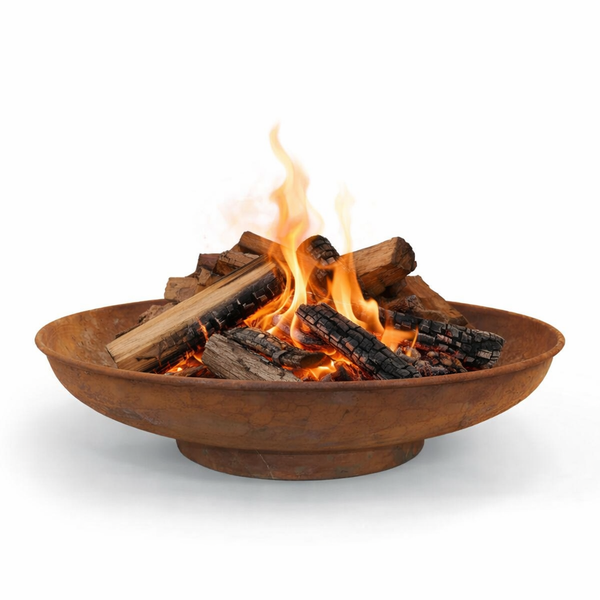 Runde Feuerschale aus Metall mit brennenden Holzscheiten.