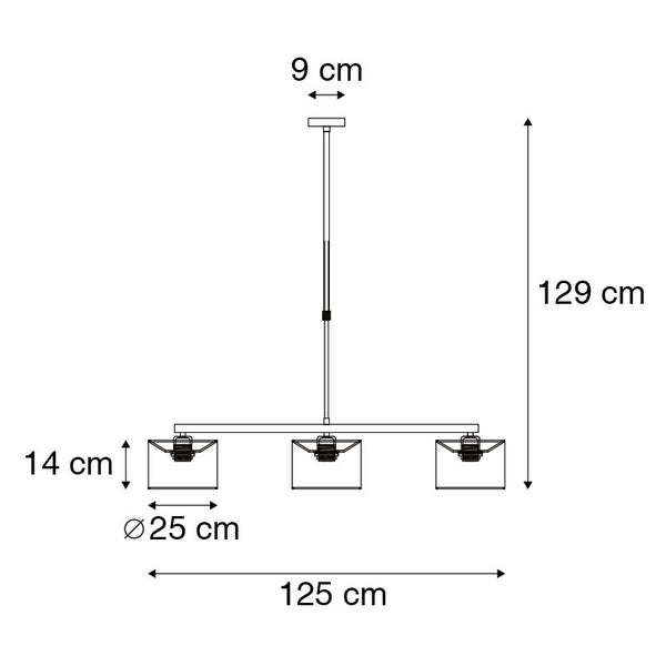 Technische Zeichnung einer Pendelleuchte mit drei Lampenschirmen und Maßangaben
