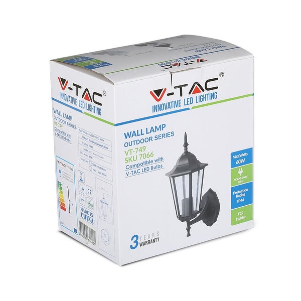 Verpackung einer V-TAC Wandleuchte für den Außenbereich, Modell VT-749, geeignet für V-TAC LED-Leuchtmittel