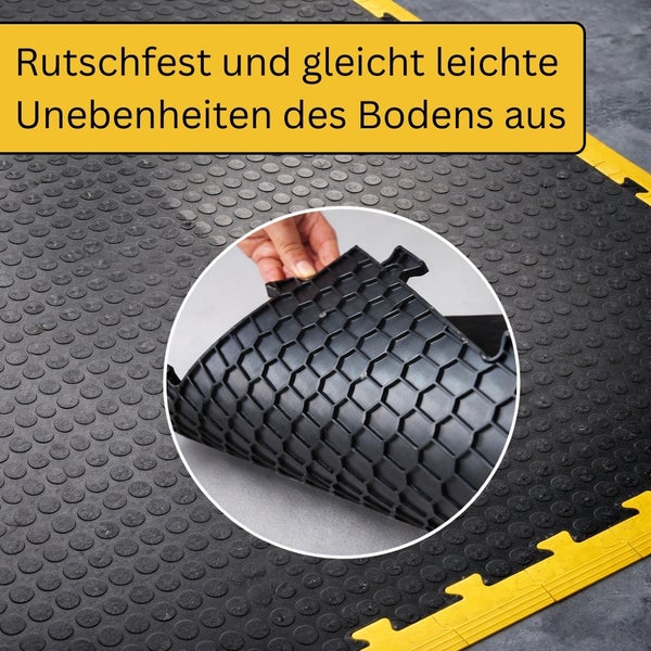 Rutschfeste Bodenfliese aus Gummi mit Noppenoberfläche und Wabenstruktur auf der Unterseite zum Ausgleich von Bodenunebenheiten.