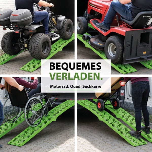 Auffahrrampen Set für bequemes Verladen von Quad, Rasentraktor, Rollstuhl und Sackkarre in ein Fahrzeug.
