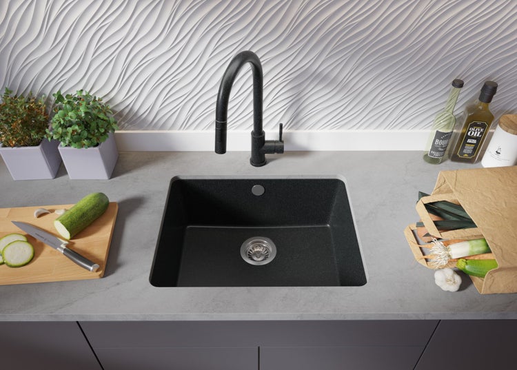 PRIMAGRAN Unterbauspüle Granit Anthrazit 56x44cm, Spülbecken 1 Becken + Ablauf-Set, Granitspüle ab 60er Unterschrank - Venedig Easy