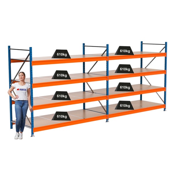 Lagerregal mit mehreren Ebenen zur Aufbewahrung von Artikeln mit einer Traglast von 610 Kilogramm pro Ebene.