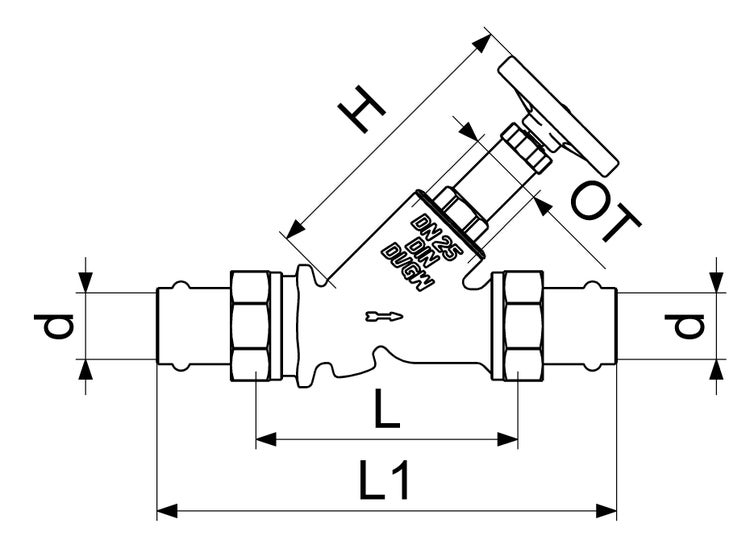 Technische Zeichnung eines Schrägsitzventils mit Maßangaben für Länge, Höhe und Durchmesser sowie Markierung für Nennweite 25 und Prüfzeichen.