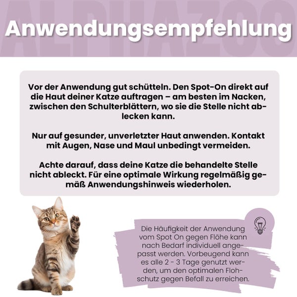 Anwendungsempfehlung für ein Spot-On-Produkt gegen Flöhe bei Katzen mit Anwendungshinweisen