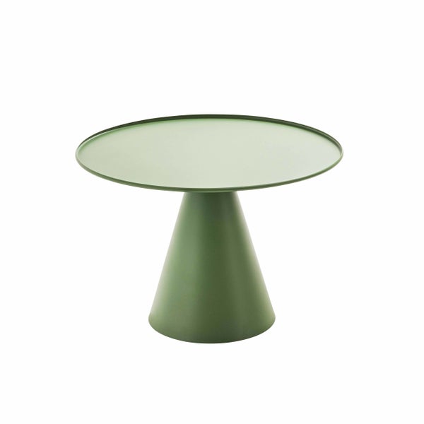 Runder Beistelltisch aus grünem Metall mit einem breiten konischen Standfuß.