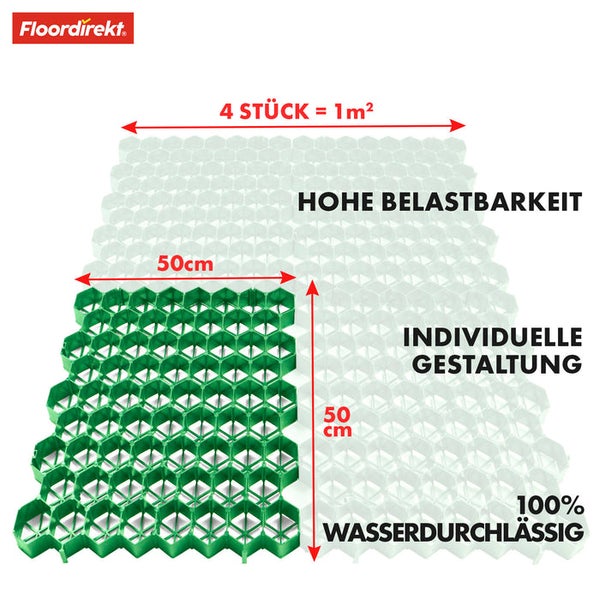 FLOORDIREKT Rasengitter - Paddockplatte für Bodenverstärkung - Strapazierfähig - Grün - 50 x 50 cm