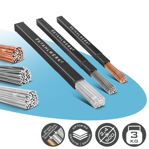 STAHLWERK Logo. Schweißstäbe für Stahl, Edelstahl und Aluminium in schwarzen Köchern. Maße 2,4 mal 500 Millimeter, Gewicht 3 Kilogramm.