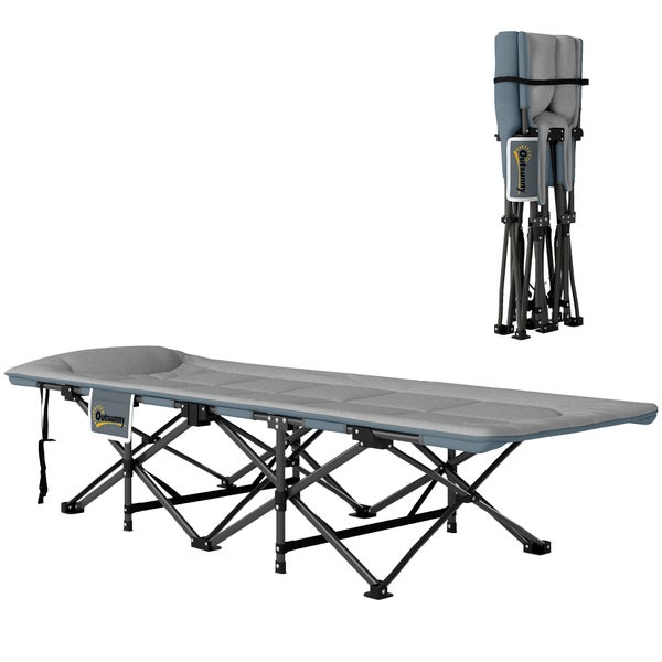 Outsunny Feldbett faltbar Campingbett mit Matratze Kopfkissen Seitentasche 187 x 67 x 37 cm Gästebett bis 150 kg Campingliege für Erwachsene Klappbett für Outdoor, Garten Camping Reisen Grau