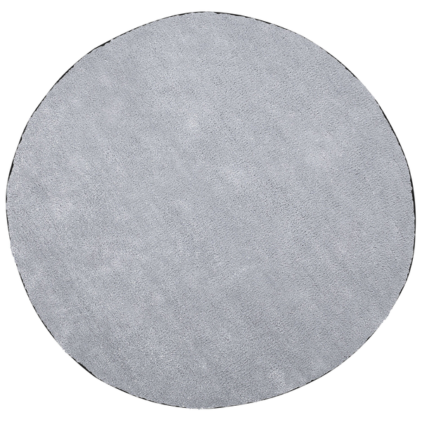 Runder Hochflor-Teppich in Grau mit weicher Oberfläche.