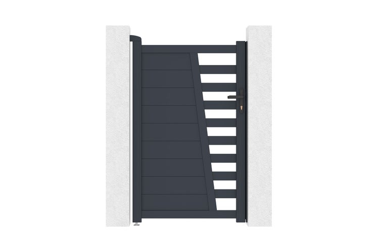 Modernes dunkelgraues Gartentor aus Aluminium mit horizontalen Lamellen, montiert zwischen zwei weißen Pfeilern.