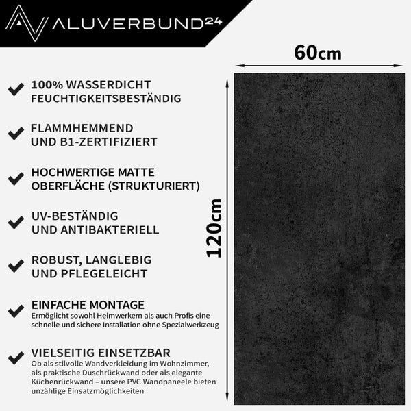 Wandpaneel aus PVC in Steinoptik mit einer Groesse von 60 mal 120 Zentimetern sowie Produktinformationen und Aluverbund24 Logo