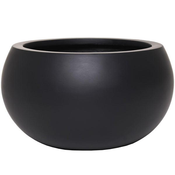 Runde Pflanzschale aus Kunststoff in Schwarz.