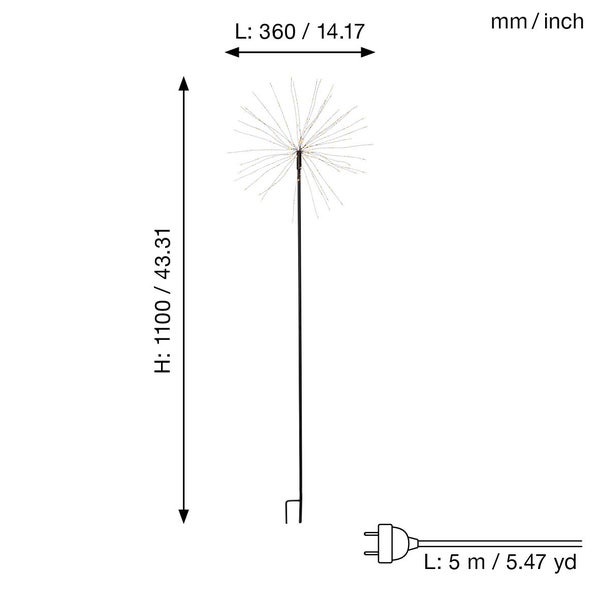 Abmessungen einer Gartenleuchte mit Erdspiess, Höhe 1100 mm, Durchmesser Leuchtkörper 360 mm, Zuleitung 5 m