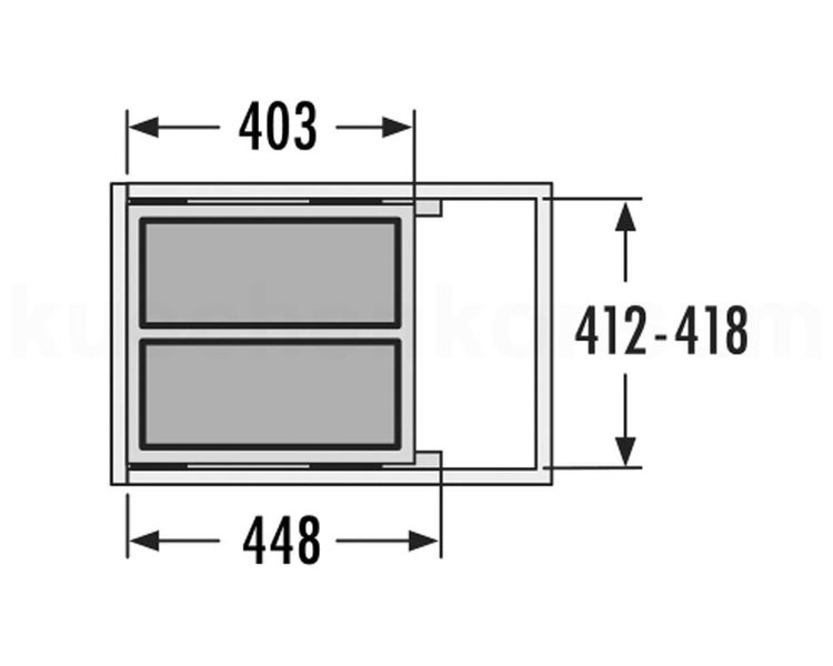 Technische Zeichnung eines Einbaumülltrennsystems mit Maßangaben 403, 448 sowie 412 bis 418.