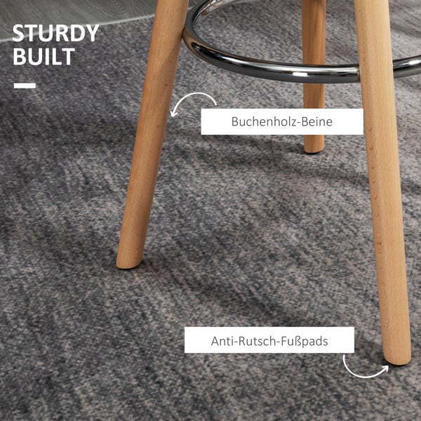 HOMCOM Barhocker 2er Set, Gepolstert Barstuhl mit Holzbeine und Rückenlehne, Küchenstühle mit Fußstütze aus Stahl, Tresenhocker für Küche, Wohnzimmer, Esszimmer, Kunstleder, Weiß
