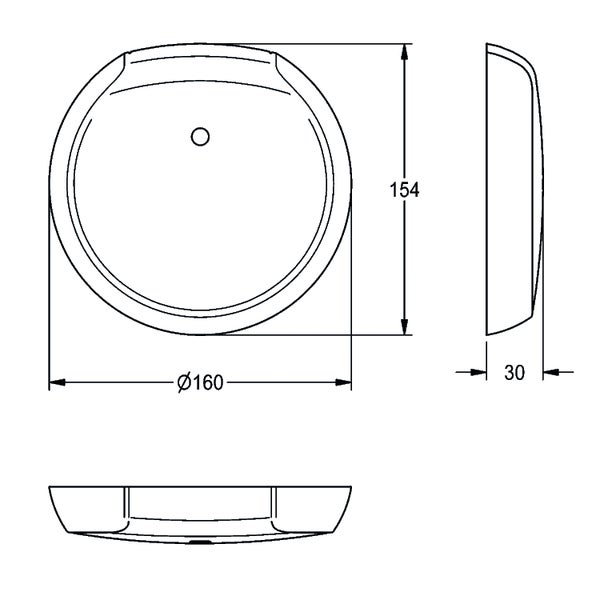 Maßzeichnung einer runden Leuchte mit einem Durchmesser von 160 Millimetern, einer Höhe von 154 Millimetern und einer Tiefe von 30 Millimetern.