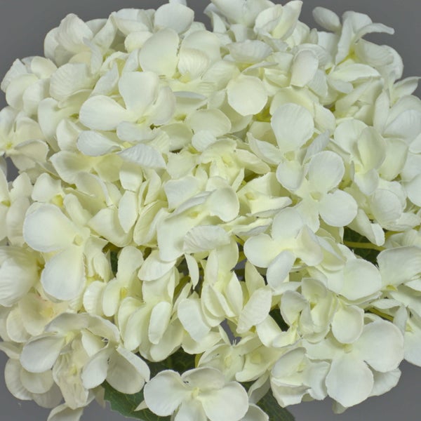 Künstliche Hortensie weiß mit grünem Stiel und Blättern.