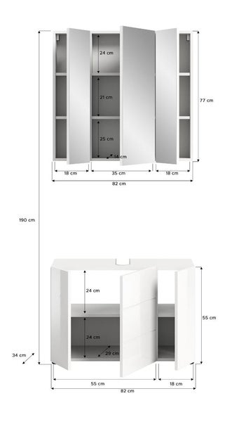 Maßzeichnung für ein weißes Badezimmermöbel-Set mit Spiegelschrank und Waschbeckenunterschrank mit Angaben in Zentimeter.