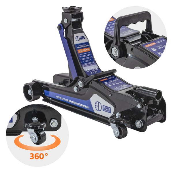 ECD Germany Hydraulischer Wagenheber bis 2,5T, TÜV/GS Zertifiziert, Hubhöhe 80-360 mm, 2x Gummiauflage & SUV-Adapter, KFZ Hydraulischer Rangierwagenheber mit 360° Rollen, PKW Radwechsel Montagehilfe