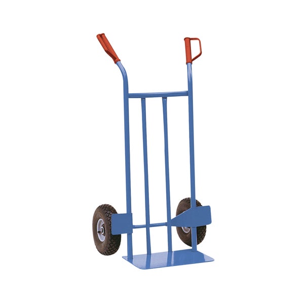 Blaue Sackkarre mit zwei Rädern und roten Griffen.