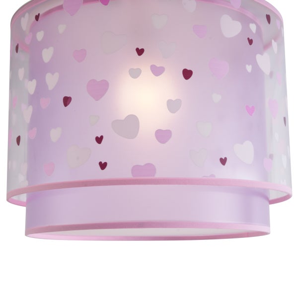 Zweilagiger zylindrischer Lampenschirm in Rosa mit Herzmuster für das Kinderzimmer.
