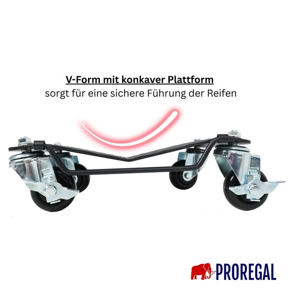 Rangierhilfe für Reifen mit konkaver V-Form Plattform für sichere Reifenführung und vier Lenkrollen. Proregal Logo.