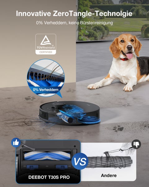 DEEBOT T30S PRO Saugroboter mit ZeroTangle-Technologie und TÜV Rheinland Zertifikat neben einem Hund