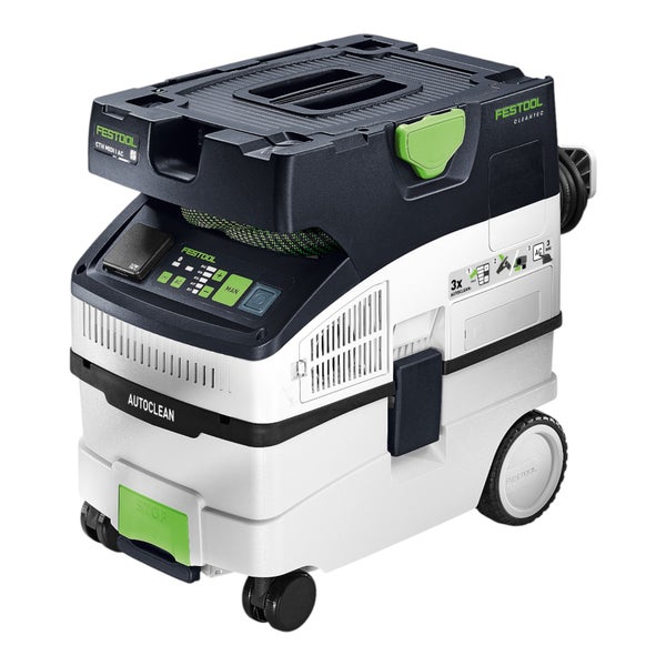 Festool Absaugmobil CTH MIDI I AC Cleantec mit Autoclean-Funktion und Rollen für den mobilen Einsatz auf Baustellen.