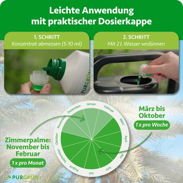 Anleitung für Purgrün Dünger: 5 bis 10 Milliliter abmessen, mit 2 Litern Wasser verdünnen. Anwendungshäufigkeit laut Kalender. Purgrün Logo.