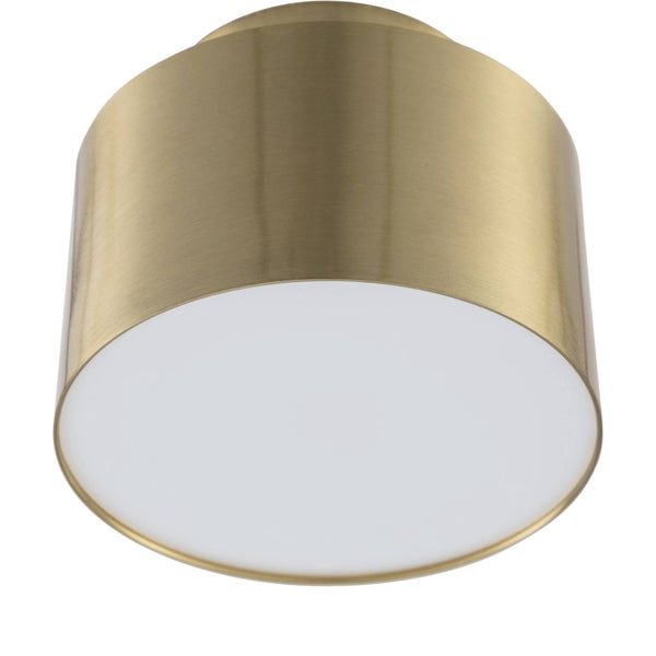 Zylindrische Deckenleuchte aus gebürstetem Metall in Goldoptik mit weißem Diffusor.