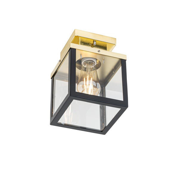 Quadratische Deckenleuchte für den Außenbereich mit schwarzem Metallrahmen, goldfarbenem Baldachin und Glaseinsätzen inklusive Leuchtmittel.