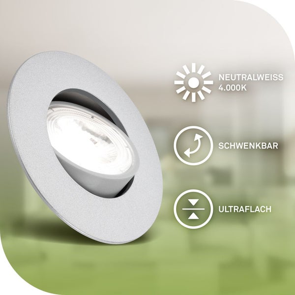 LED-Einbaustrahler in Silber, schwenkbar und ultraflach, Lichtfarbe neutralweiß 4000 Kelvin.